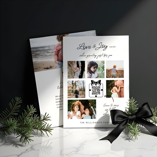 Tarjeta Festiva Mensaje de Video con Código QR Minimalista Moderno (Love & Joy Modern Minimal QR Code Video Message Holiday Card)
