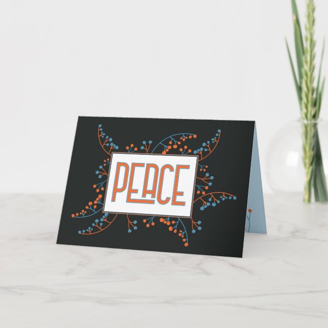 Tarjeta Festiva Mensaje "PEACE" moderno naranja bayas azules (Anverso)