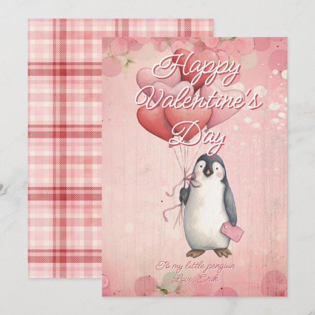 Tarjeta Festiva Mensaje personalizado pingüino animal día de San V (Anverso / Reverso)
