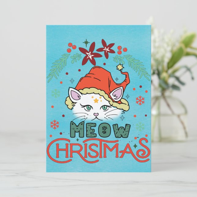 Tarjeta Festiva Meow Christmas, Merry Christmas (Anverso de pie)