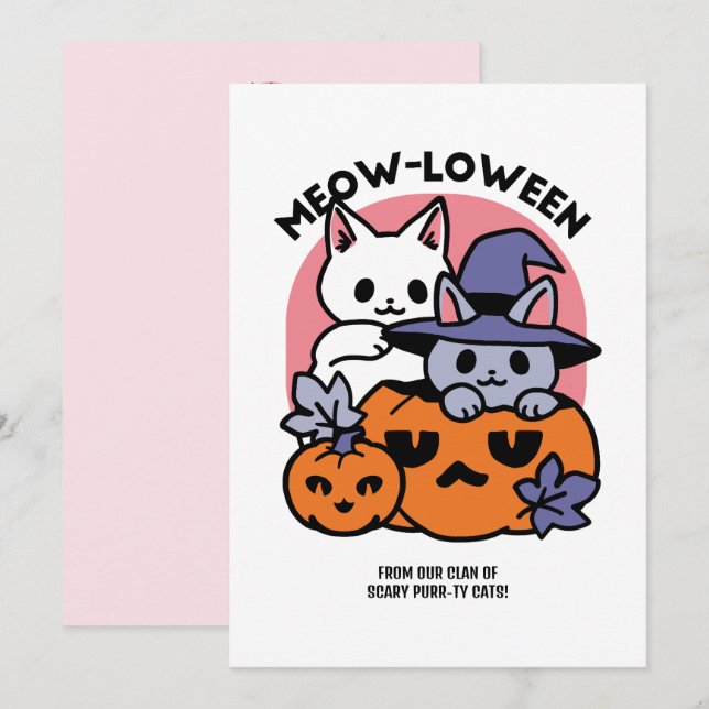 Tarjeta Festiva Meow-Loween - Diseño de felinos Halloween (Anverso / Reverso)