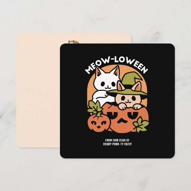 Tarjeta Festiva Meow-Loween - Diseño festivo de gatos de Halloween (Anverso / Reverso)