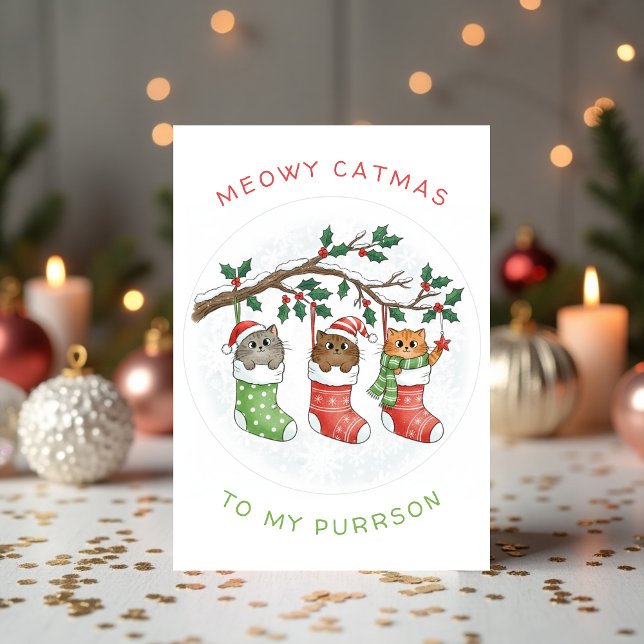 Tarjeta Festiva Meowy Catmas Christmas - Cute Cat (Meowy Catmas Christmas Card – Cute Cat Holiday Card from Pet Parent)
