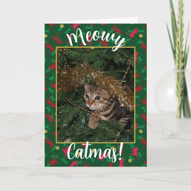 Tarjeta Festiva Meowy Catmas - Patrón de gato de Navidades verdes  (Anverso)