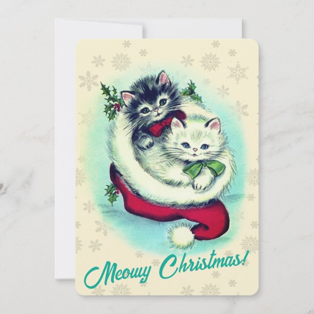 Tarjeta Festiva Meowy Navidades adoran arte retro de gatitos (Anverso)