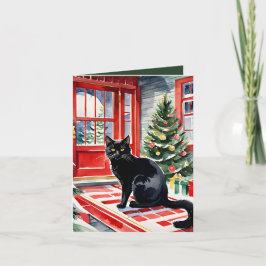 Tarjeta Festiva Meowy Navidades Black Cat & Christmas Tree