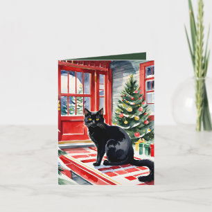 Tarjeta Festiva Meowy Navidades Black Cat & Christmas Tree