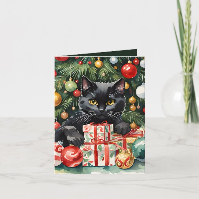 Tarjeta Festiva Meowy Navidades Black Kitten y Christmas Tree (Anverso)