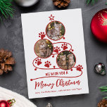Tarjeta Festiva Meowy Navidades Cat Mascota 3 Foto Red<br><div class="desc">Añade fotos de tus lindos gatos a la tarjeta personalizada de Navidades de este amante de las mascotas,  con el árbol rojo de Navidad formado por tres fotos y fotografías de pata. En la parte trasera hay un patrón de huellas de pata de gato.</div>