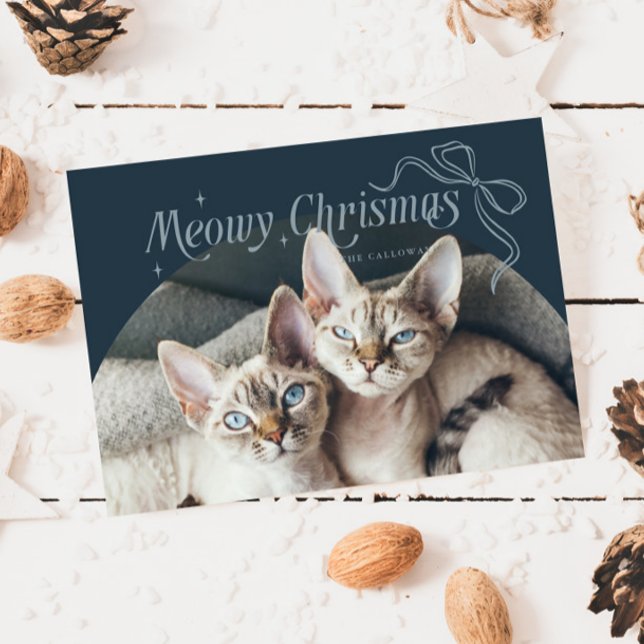 Tarjeta Festiva Meowy Navidades Cat Photo Blue Holiday Card (Subido por el creador)