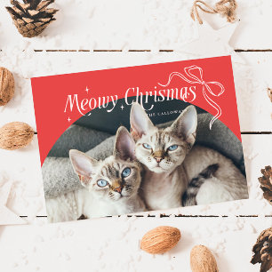 Tarjeta Festiva Meowy Navidades Cat Photo Red Holiday Card