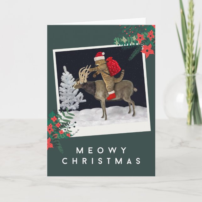 Tarjeta Festiva Meowy Navidades - Gato montando renos (Anverso)