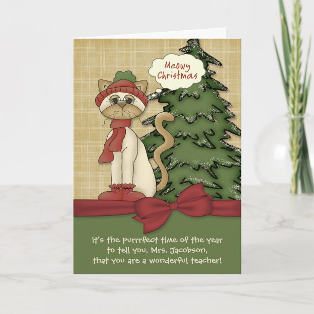 Tarjeta Festiva Meowy Navidades Kitty, profesor de personalizable (Anverso)