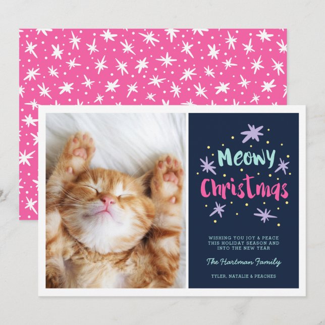 Tarjeta Festiva Meowy Navidades Navidades Kitty Modernos Foto Rosa (Anverso / Reverso)