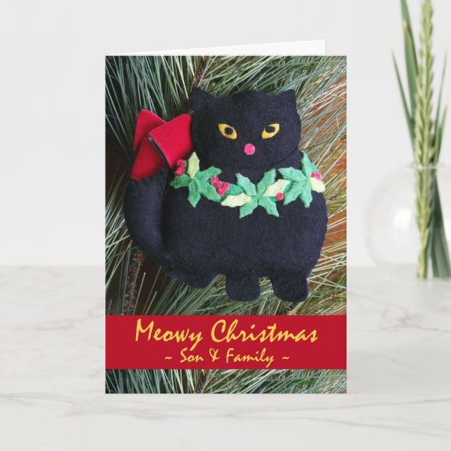 Tarjeta Festiva Meowy Navidades para un hijo y su familia, gato (Anverso)