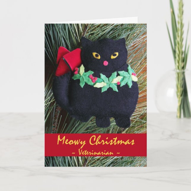 Tarjeta Festiva Meowy Navidades para Veterinarios, adorno de gatos (Anverso)