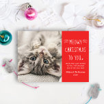 Tarjeta Festiva Meowy Navidades Red Funny Cat Photo<br><div class="desc">Una tarjeta perfecta para presumir de su nuevo gatito de cuarentena o de su mejor amigo peludo! Esta divertida tarjeta de fotos con temas de gatitos "Navidades Meowy para ti" incluye una foto de tu bebé junto a texto escrito a mano y texto personalizado que puedes personalizar con un simple...</div>