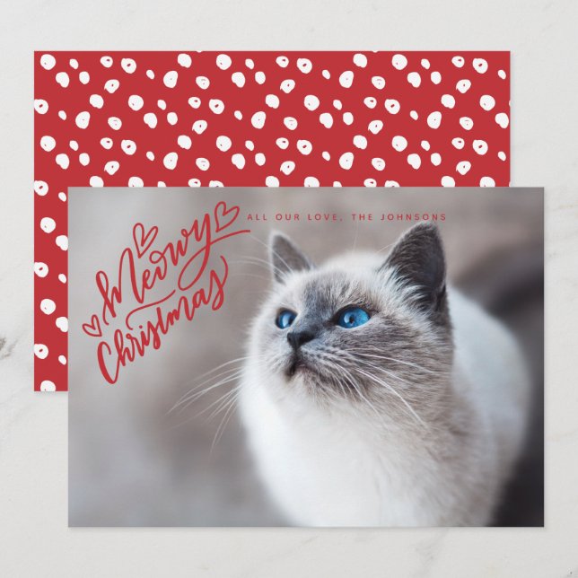 Tarjeta Festiva Meowy Navidades Red Hand Lettering Cat Full Photo (Anverso / Reverso)