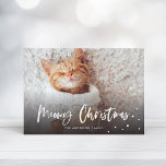 Tarjeta Festiva Meowy Navidades Snow Cat | Foto Mascota<br><div class="desc">Celebra la temporada de fiestas con esta tarjeta de vacaciones de moda con un guión moderno que dice "Navidades Meowy" y nevada.</div>