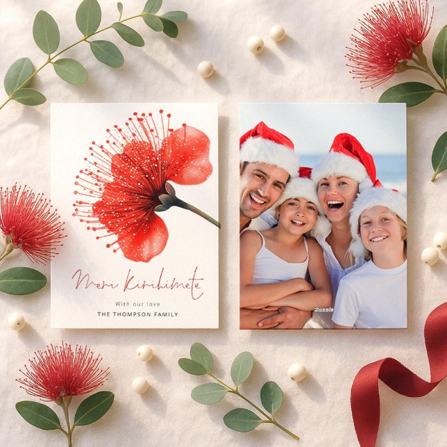 Tarjeta Festiva Meri Kirihimete Pōhutuka Foto Navidades de NZ (Front and back view)
