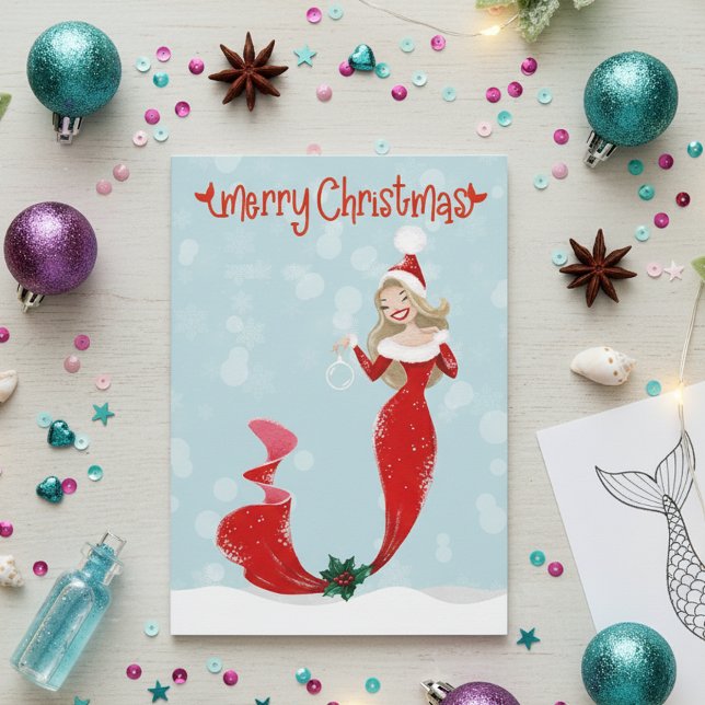 Tarjeta Festiva Mermaid Merry Christmas Bubbles (Subido por el creador)