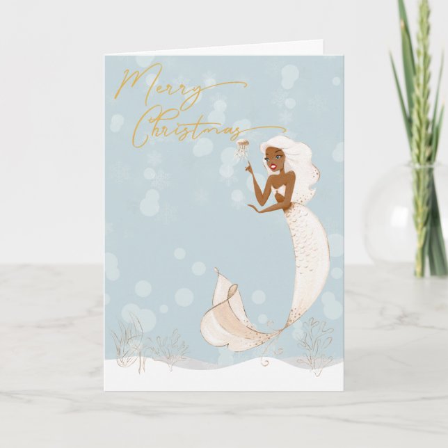 Tarjeta Festiva Mermaid Merry Christmas Gold (Anverso)