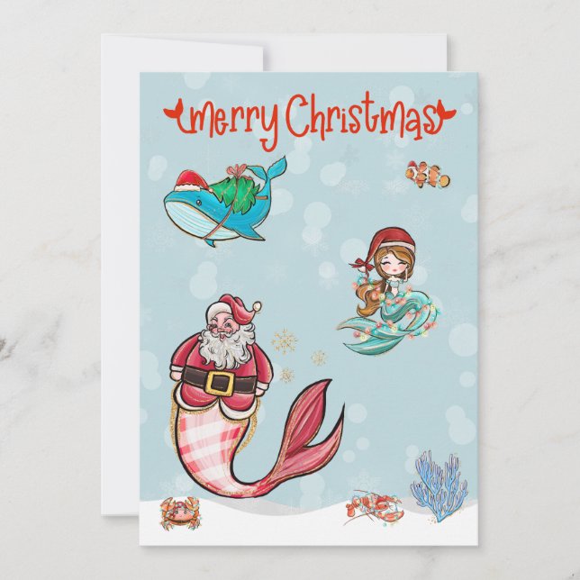 Tarjeta Festiva Mermaid Merry Christmas Santa Sealife (Anverso)