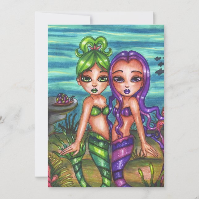 Tarjeta Festiva Mermaid Twin Sisters Fantasy cuento de hadas origi (Anverso)