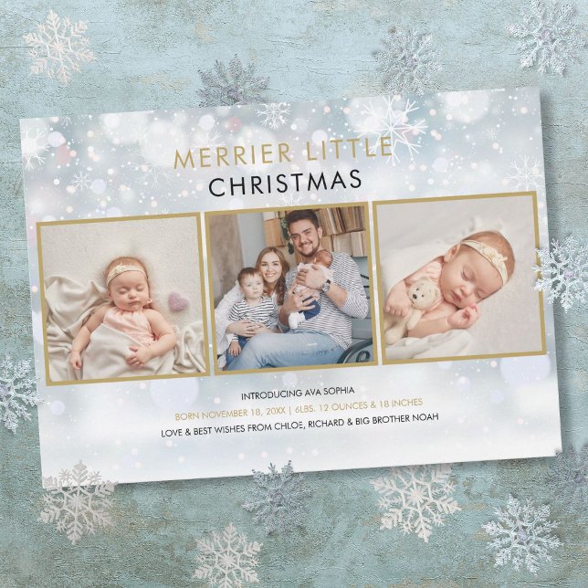 Tarjeta Festiva Merrier Pequeños Navidades Nacieron Foto De Nieve (Merrier Little Christmas Snow Photo Birth Holiday Card)
