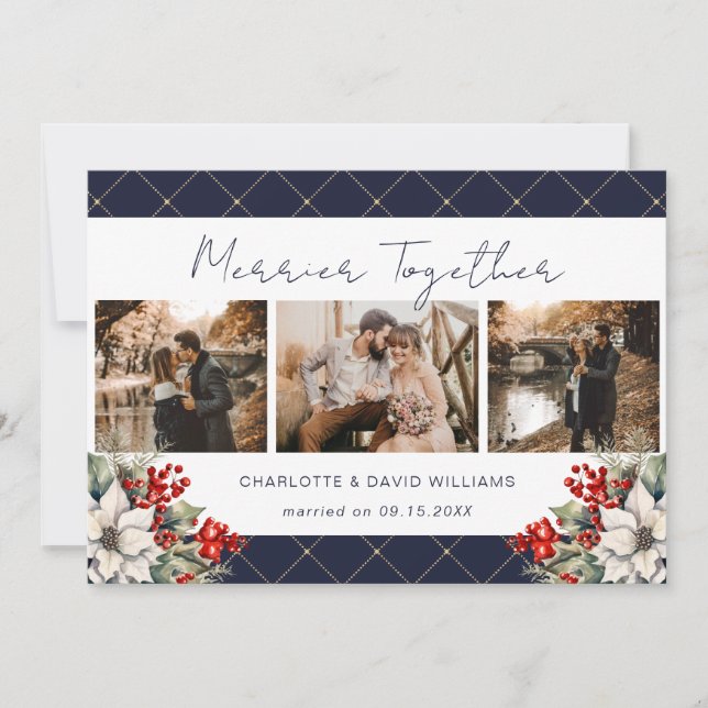 Tarjeta Festiva Merrier Together Blue Newlywed 3 Photo Botanical (Anverso)