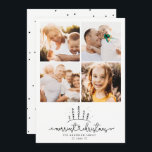 Tarjeta Festiva Merriest Christmas Tree Modern Collage de fotos<br><div class="desc">Sencilla y moderna tarjeta de vacaciones de 4 collage de fotos con un lindo y caprichoso guión que lee a NAVIDADES MERRIEST con una conexión cardiaca escrita a mano bajo una dulce escena de árbol dibujado con nieve. Espacio para sus 4 fotos y mensajes personalizados. En la parte de atrás...</div>