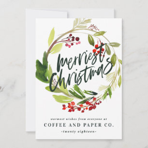 Tarjeta Festiva Merriest Navidades acuarela floral empresa