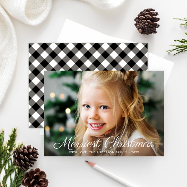 Tarjeta Festiva Merriest Navidades Black Buffalo Plaid Photo (Subido por el creador)