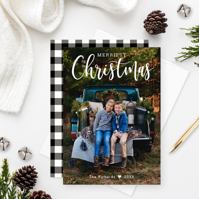 Tarjeta Festiva Merriest Navidades Black Buffalo Plaid Photo (Subido por el creador)