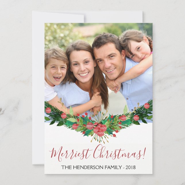 Tarjeta Festiva Merriest Navidades y Garland Script Photo Card (Anverso)
