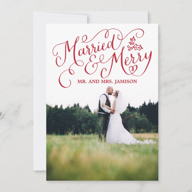 Tarjeta Festiva Merrily Married y Merry Christmas Photo Card (Anverso)