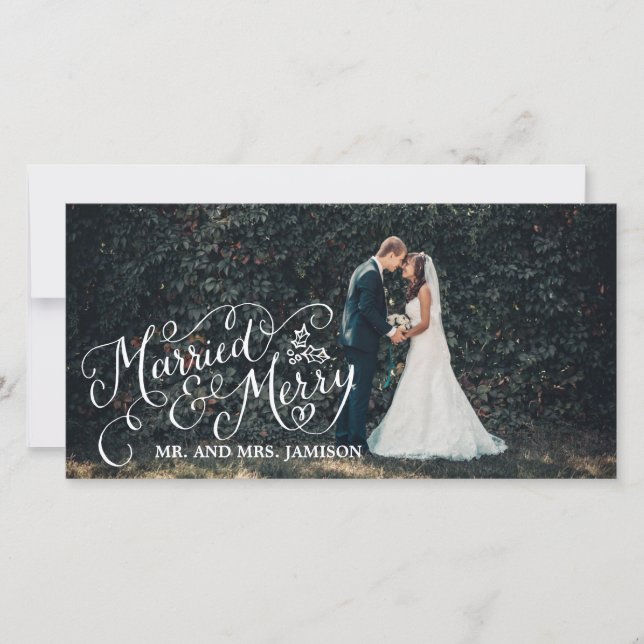 Tarjeta Festiva Merrily Married y Merry Holiday Photo (Anverso)