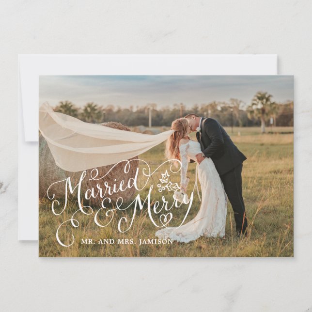 Tarjeta Festiva Merrily Married y Merry Photo (Anverso)