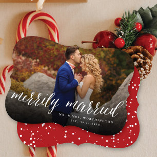 Tarjeta Festiva Merrily se Casó Con Mr. Y Mrs. First Christmas Pho
