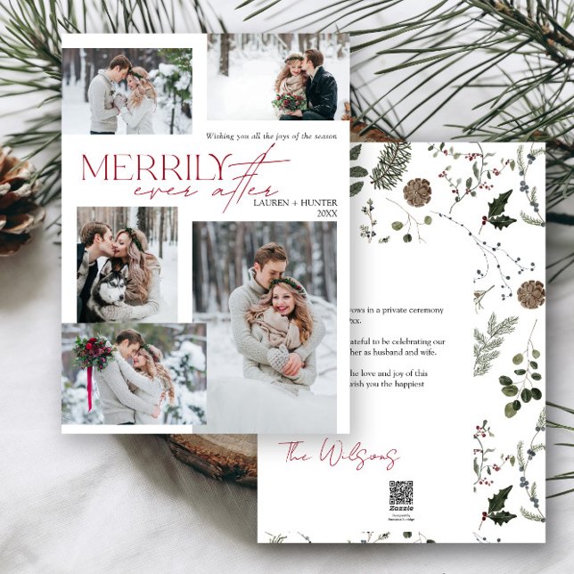 Tarjeta Festiva Merrily siempre después de 5 fotos recién casadas (Easily add your photos and deets to personalize this beautiful holiday wedding announcement)