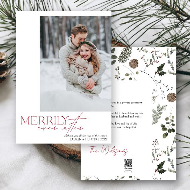 Tarjeta Festiva Merrily siempre después de la foto Boda (Easily add your photos and deets to personalize this beautiful holiday wedding announcement)