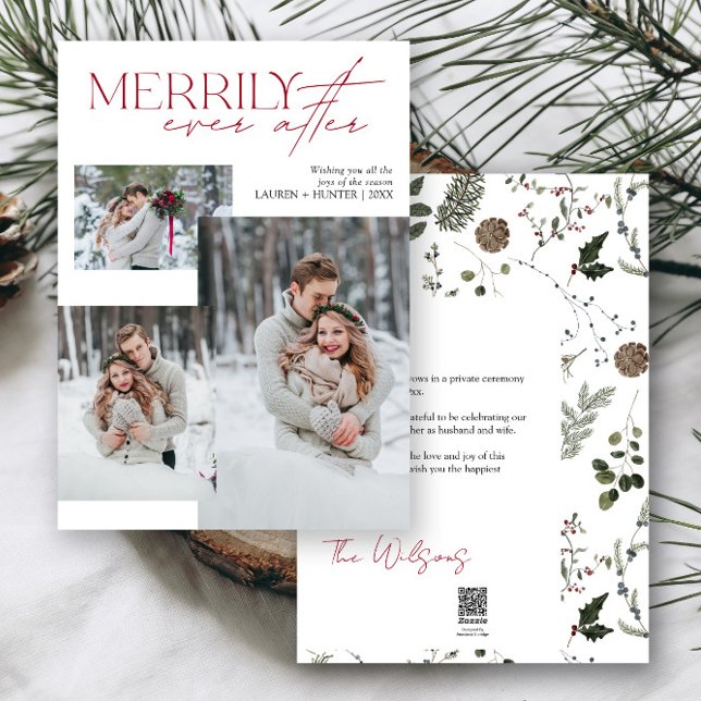 Tarjeta Festiva Merrily siempre después de la nueva foto de 3 (Easily add your photos and deets to personalize this beautiful holiday wedding announcement)