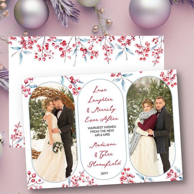 Tarjeta Festiva Merrily siempre después de la nueva foto de Red Be (Merrily Ever After Christmas Photo Card by Darling & May)