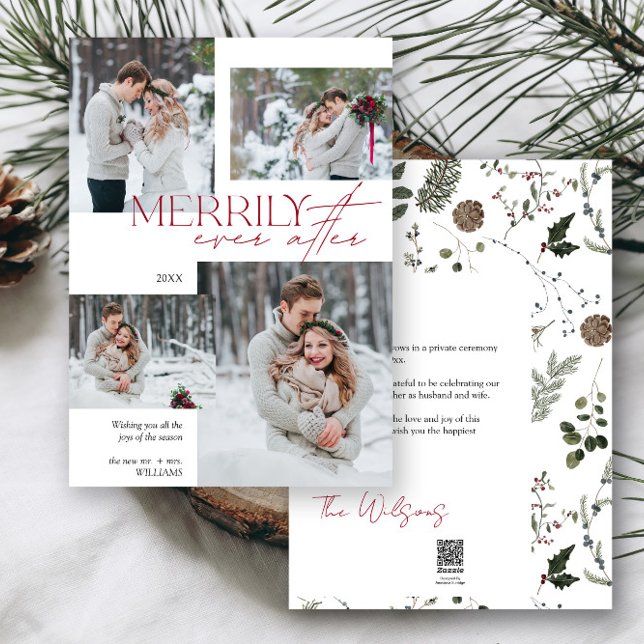 Tarjeta Festiva Merrily siempre después de la reciente fotografía  (Easily add your photos and deets to personalize this beautiful holiday wedding announcement)