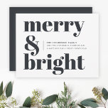 Tarjeta Festiva Merry and Bright Black and White Trendy Christmas<br><div class="desc">A stylish modern flat holiday greeting card with a bold retro typography quote "merry & bright" in off black on a white background with a complementary feature color on the reverse. The greeting, message and name can be easily customized to suit your own needs. A trendy fun design to stand...</div>