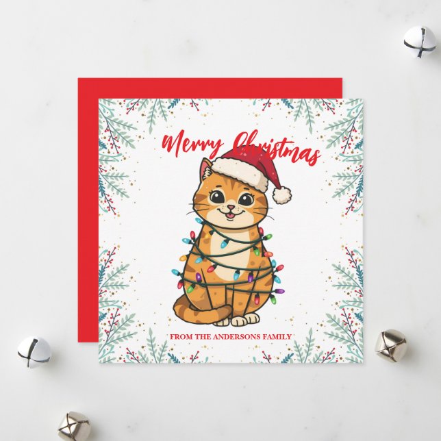 Tarjeta Festiva Merry and Bright cat Christmas kitten snow winter (Anverso/Reverso In Situ)