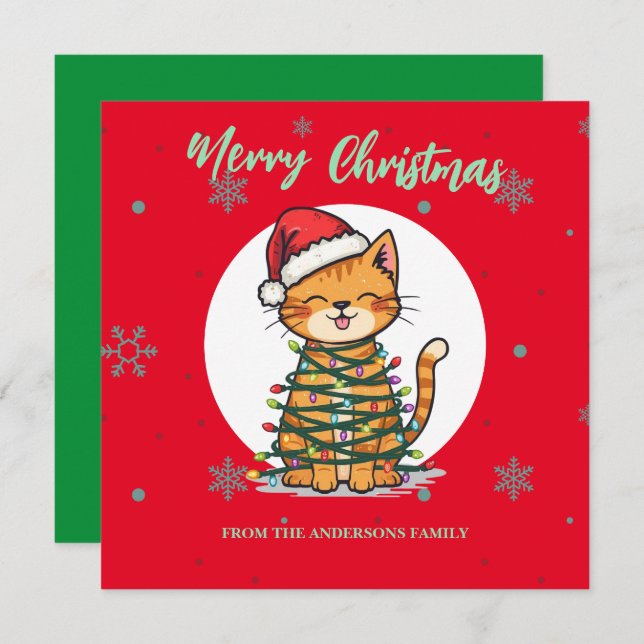 Tarjeta Festiva Merry and Bright cat Christmas kitten snow winter (Anverso / Reverso)