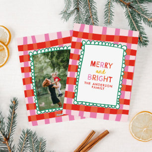 Tarjeta Festiva Merry and Bright Colorful Gingham nombre personali