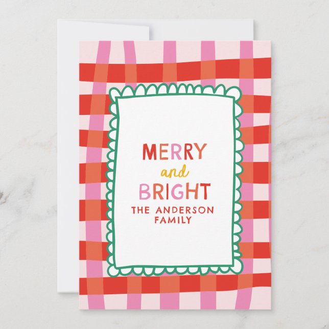 Tarjeta Festiva Merry and Bright Colorful Gingham nombre personali (Anverso)