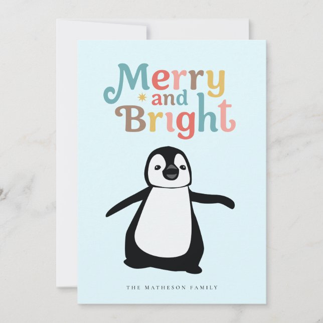 Tarjeta Festiva Merry and Bright fun cute Penguin Christmas custom (Anverso)